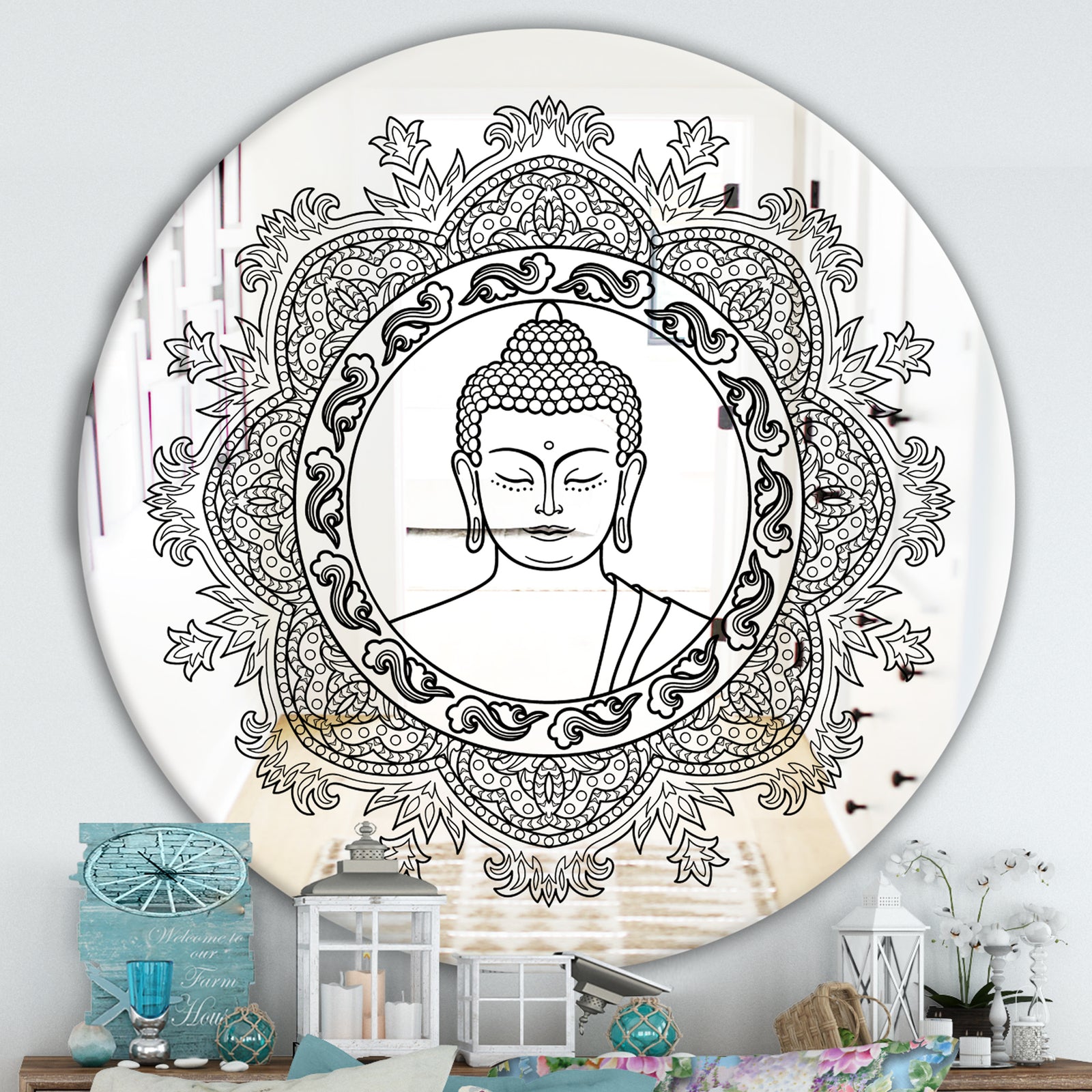 Stenciled Buddha Mandala - Traditional Mirror - Round Wall Mirror