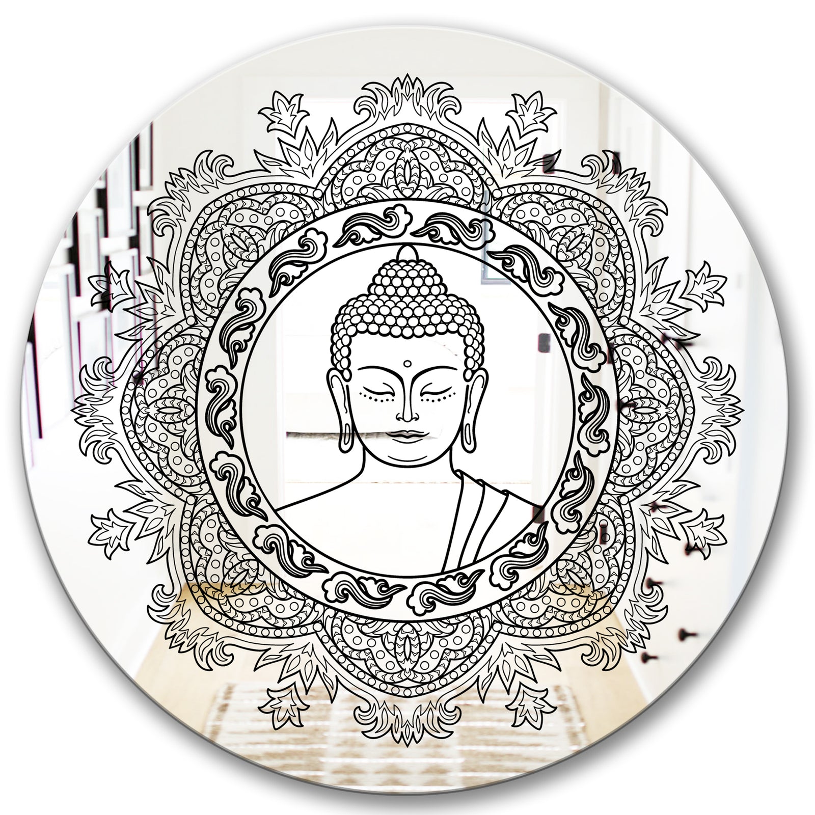 Stenciled Buddha Mandala - Traditional Mirror - Round Wall Mirror