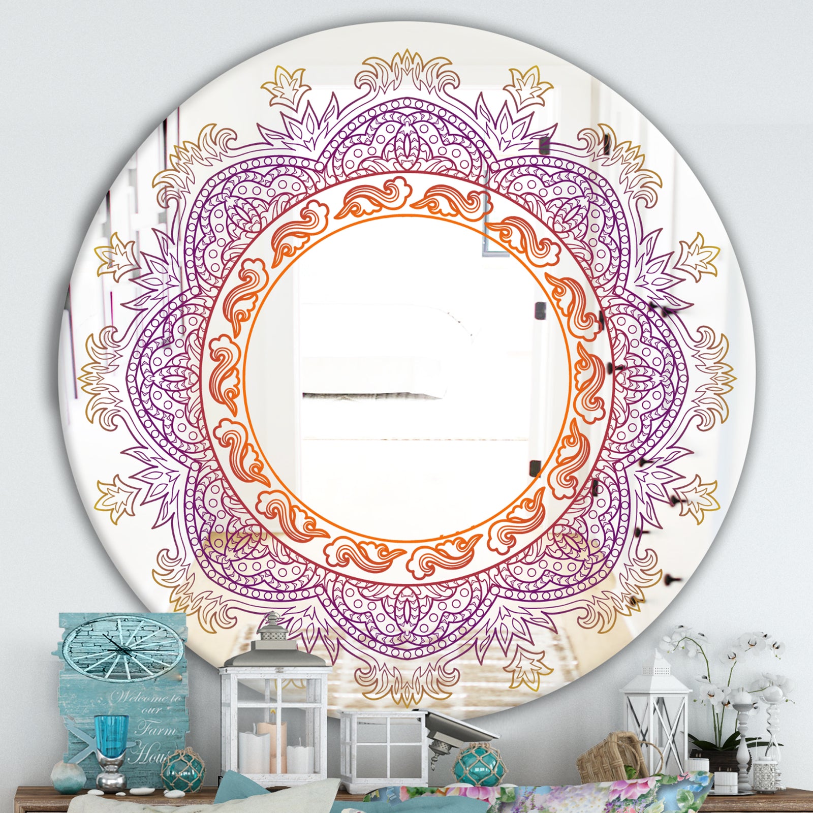 Purple and Orange Mandala - Traditional Mirror - Round Wall Mirror