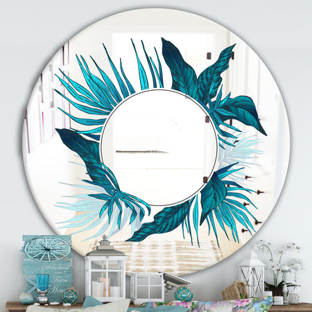 Blue Tropical Leaves - Traditional Mirror - Oval or Round Wall Mirror