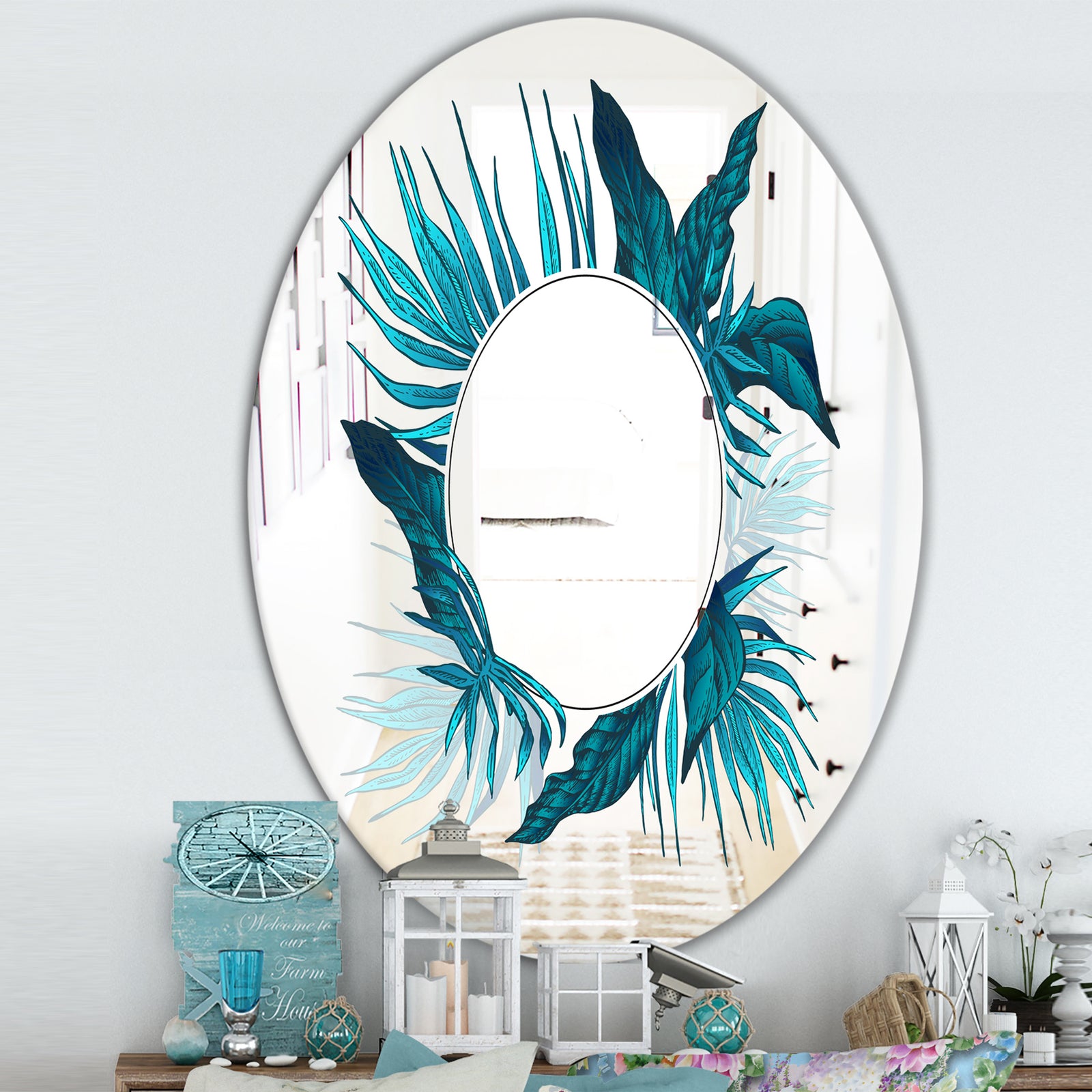 Blue Tropical Leaves - Traditional Mirror - Oval or Round Wall Mirror