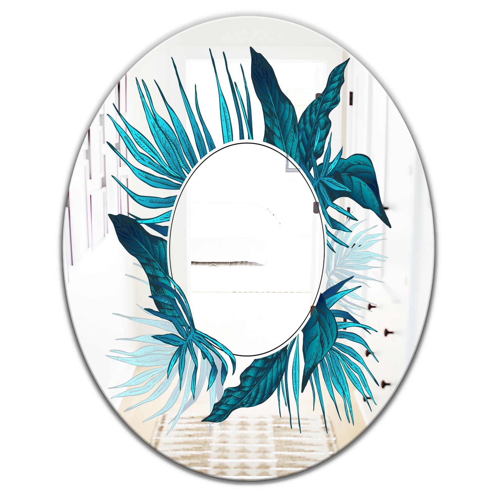 Blue Tropical Leaves - Traditional Mirror - Oval or Round Wall Mirror