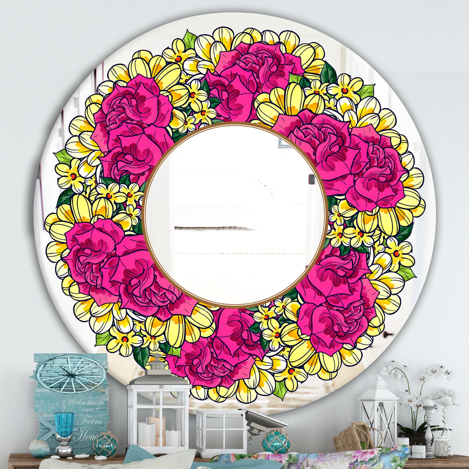 Purple and Yellow Flowers - Cabin and Lodge Mirror - Oval or Round Wall Mirror