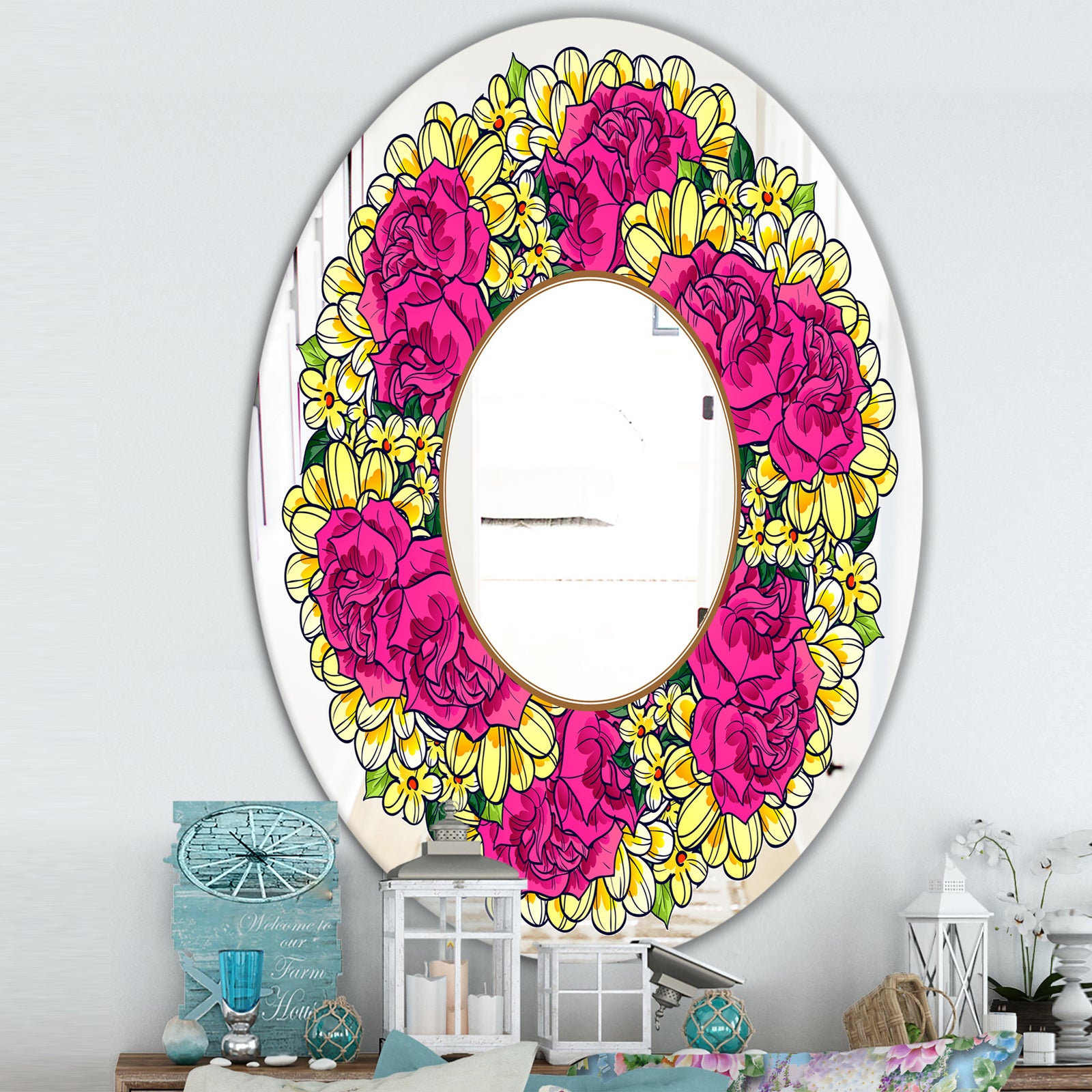 Purple and Yellow Flowers - Cabin and Lodge Mirror - Oval or Round Wall Mirror