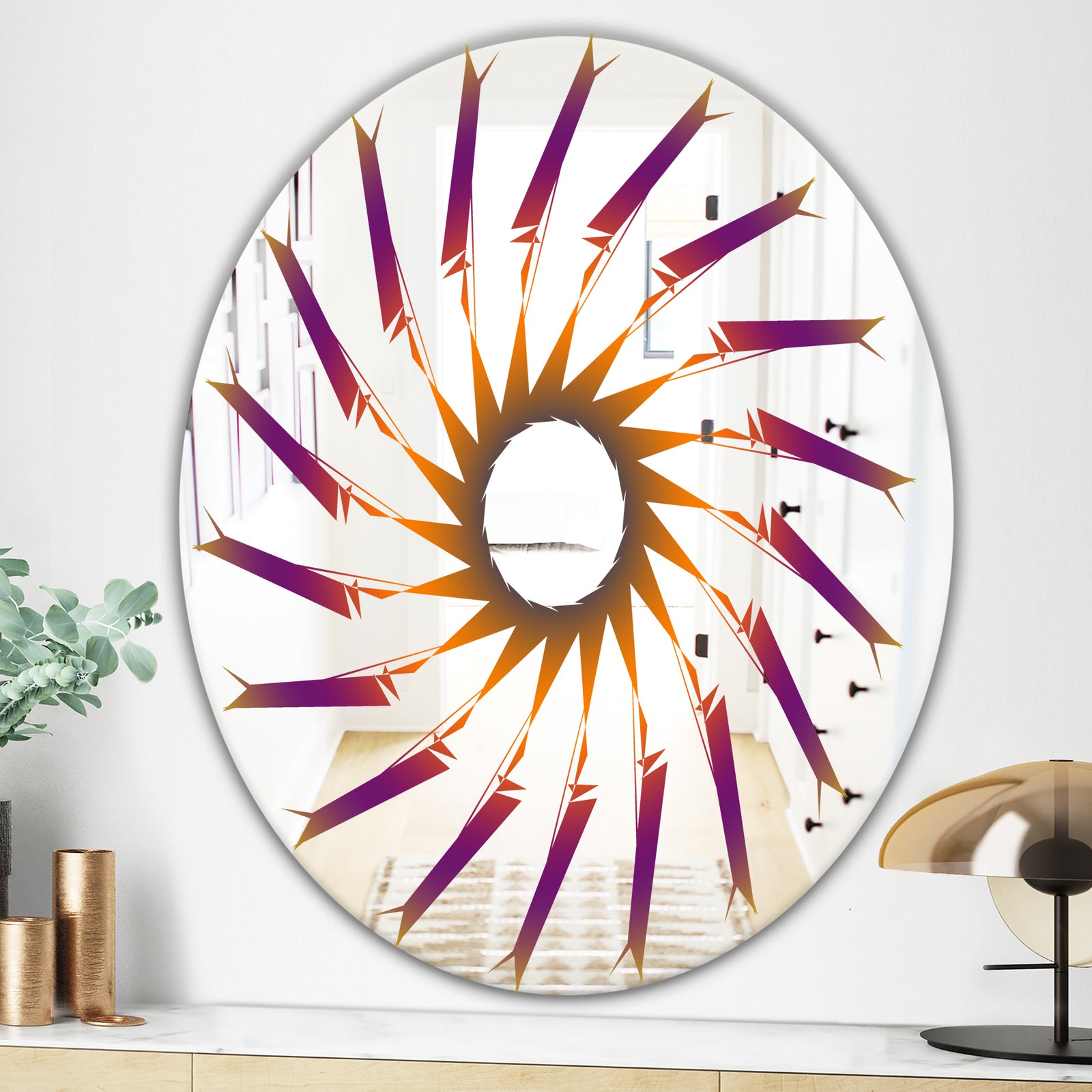 Purple and Orange Lines - Mid-Century Mirror - Oval or Round Wall Mirror