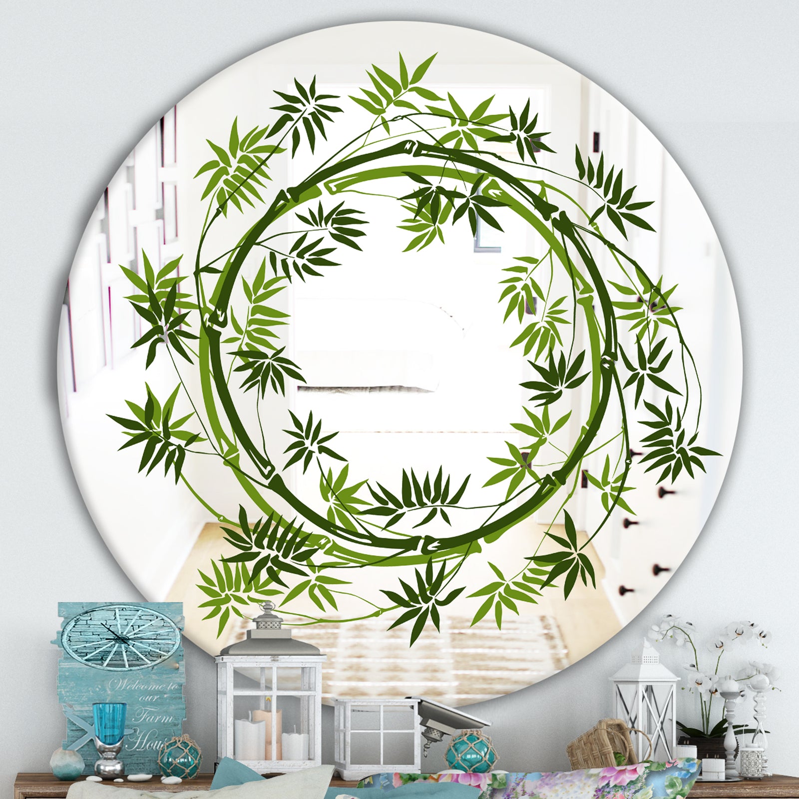 Circle Of Bamboo Plants - Cabin and Lodge Mirror - Oval or Round Decorative Mirror