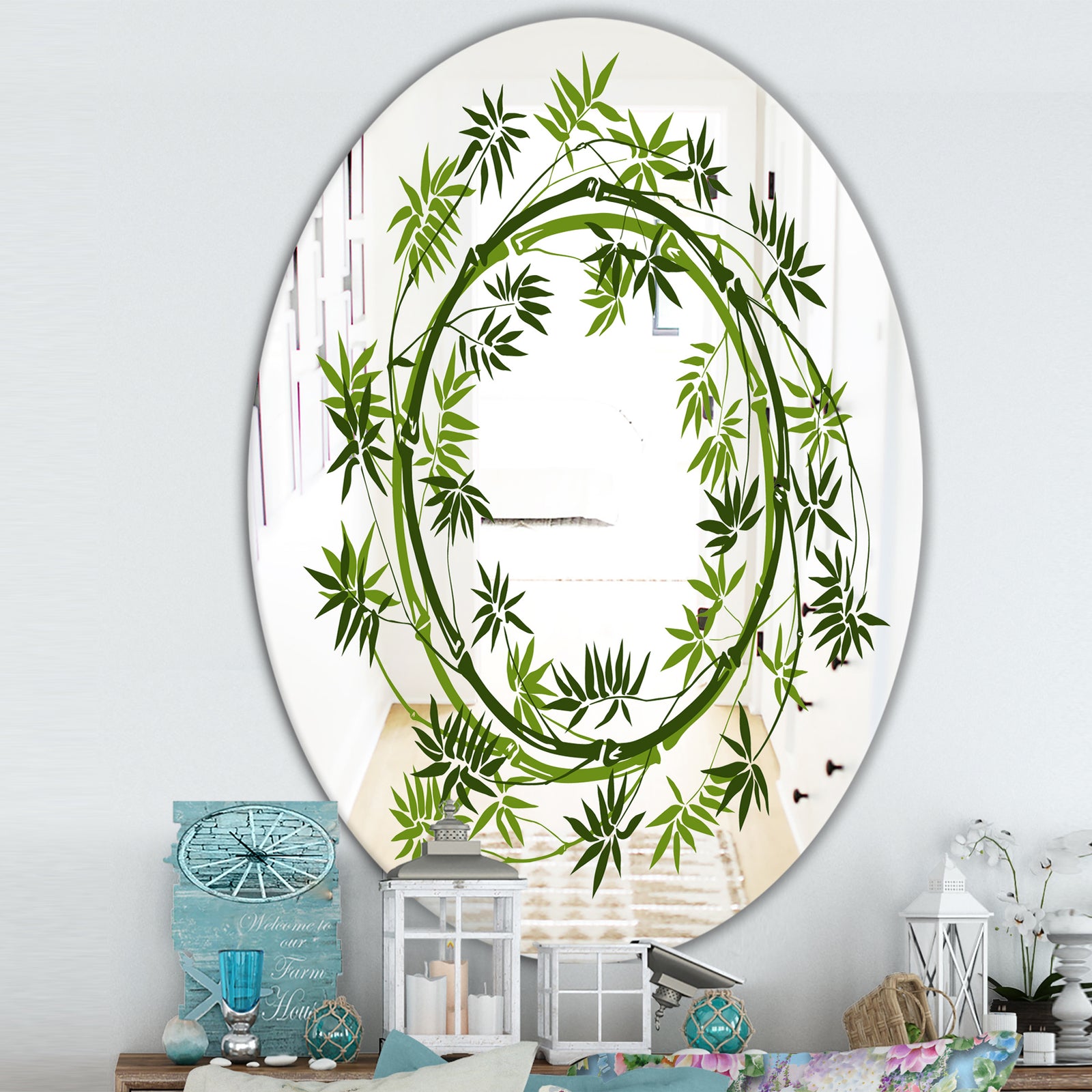 Circle Of Bamboo Plants - Cabin and Lodge Mirror - Oval or Round Decorative Mirror
