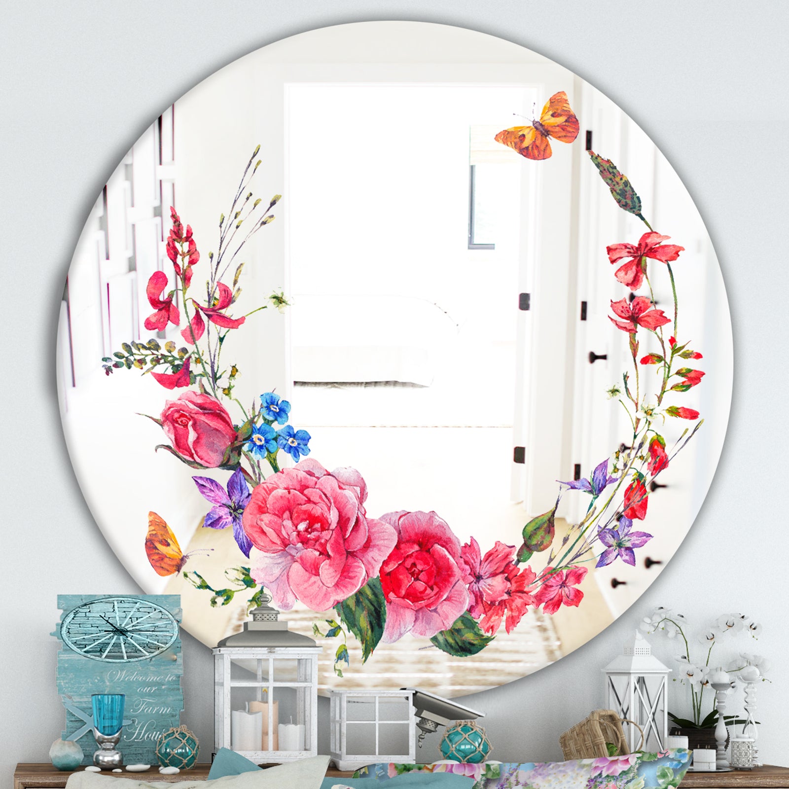 Butterflys and Flowers - Cabin and Lodge Mirror - Oval or Round Wall Mirror