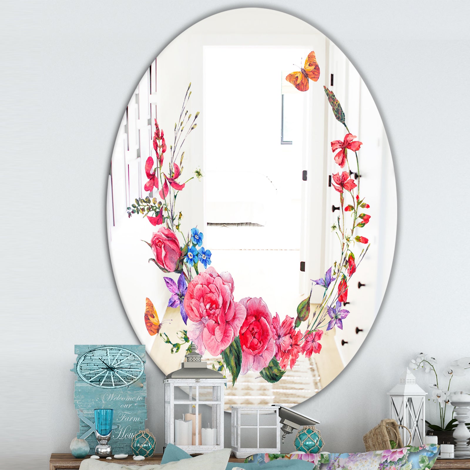 Butterflys and Flowers - Cabin and Lodge Mirror - Oval or Round Wall Mirror