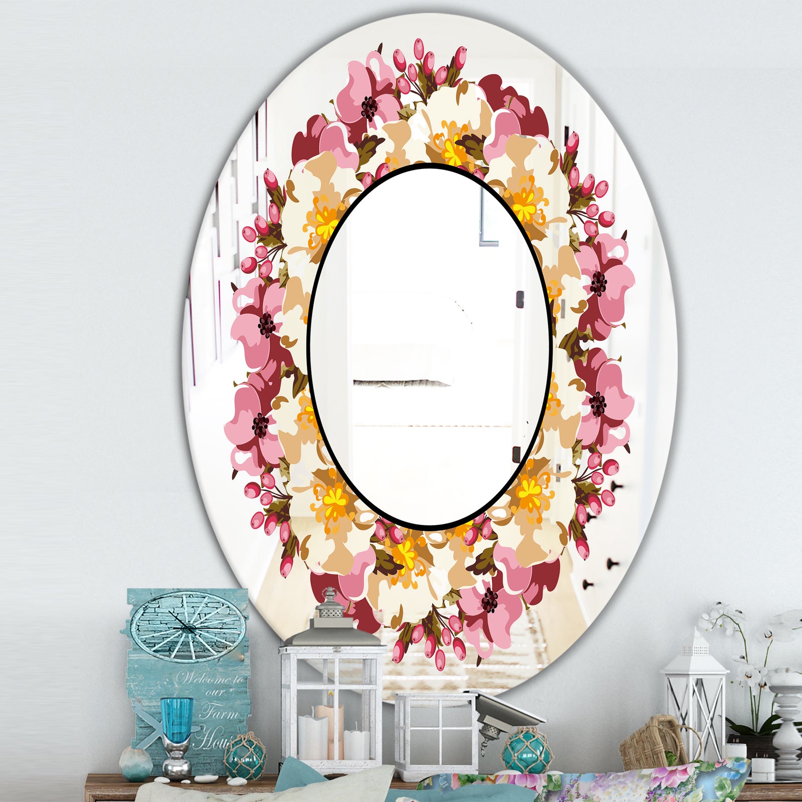 Beige and Purple Flowers - Cabin and Lodge Mirror - Oval or Round Wall Mirror