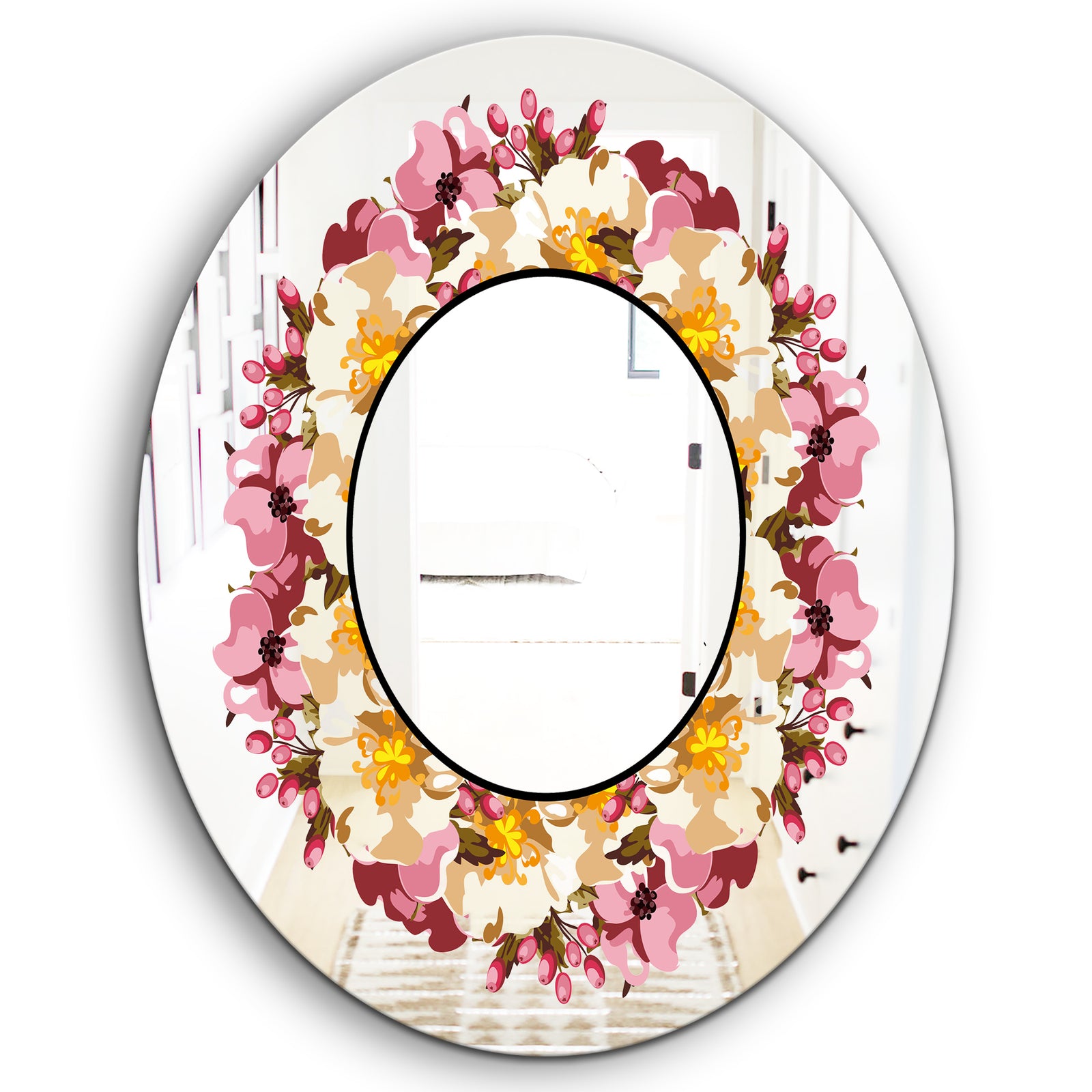 Beige and Purple Flowers - Cabin and Lodge Mirror - Oval or Round Wall Mirror