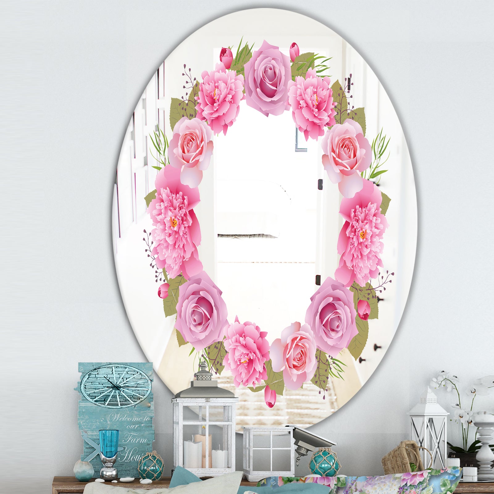 Baby Pink Flowers - Cabin and Lodge Mirror - Oval or Round Wall Mirror