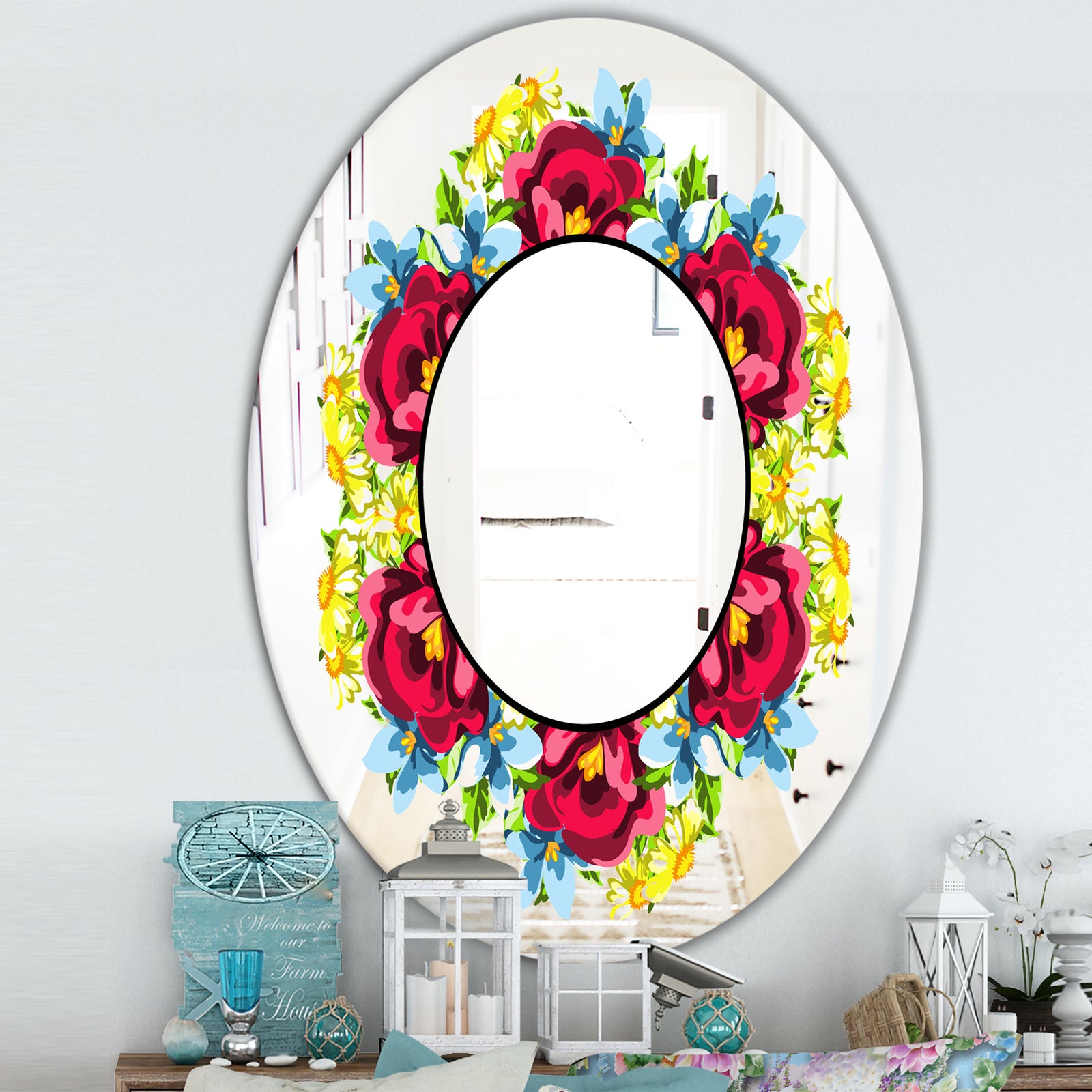 Pink Yellow and Blue - Cabin and Lodge Mirror - Oval or Round Wall Mirror
