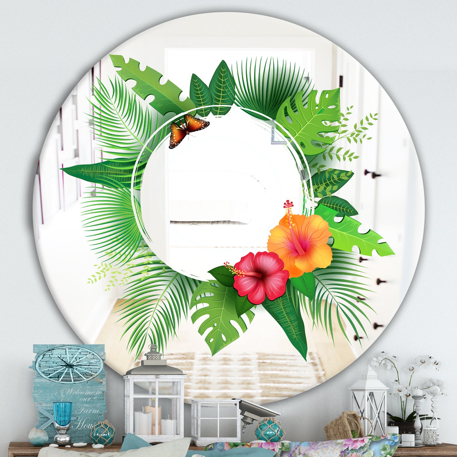 Tropical Leaves - Farmhouse Mirror - Oval or Round Decorative Mirror