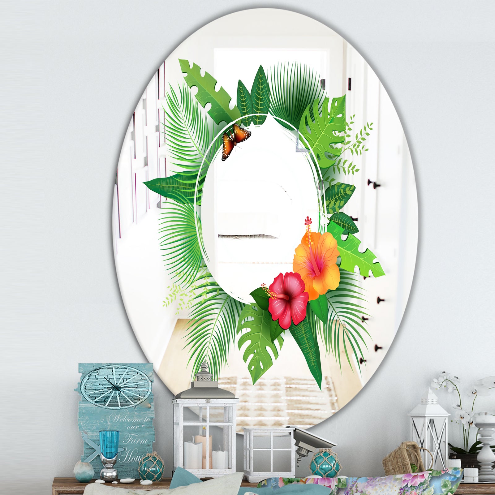 Tropical Leaves - Farmhouse Mirror - Oval or Round Decorative Mirror