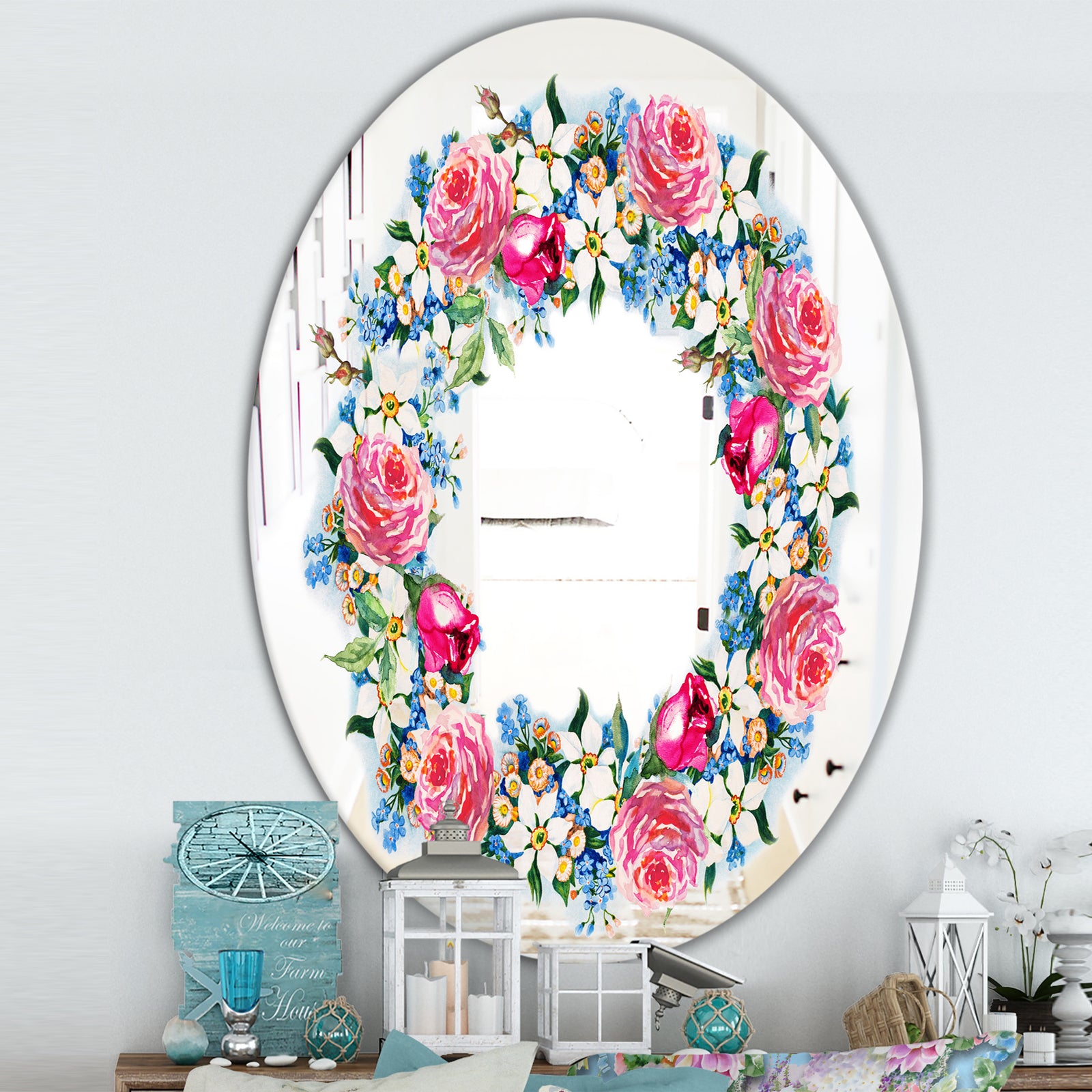 Watercolor Roses - Cabin and Lodge Mirror - Oval or Round Vanity Mirror