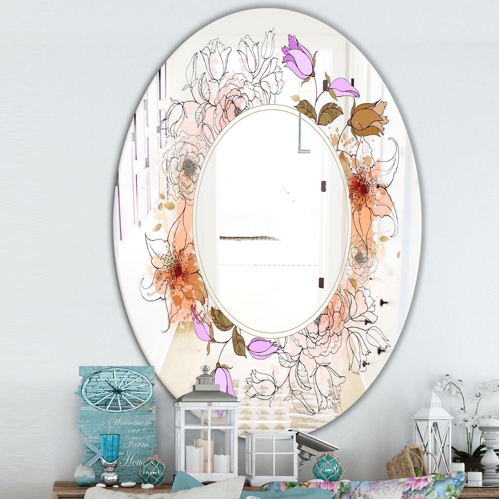 Sale With Flowers - Farmhouse Mirror - Oval or Round Wall Mirror