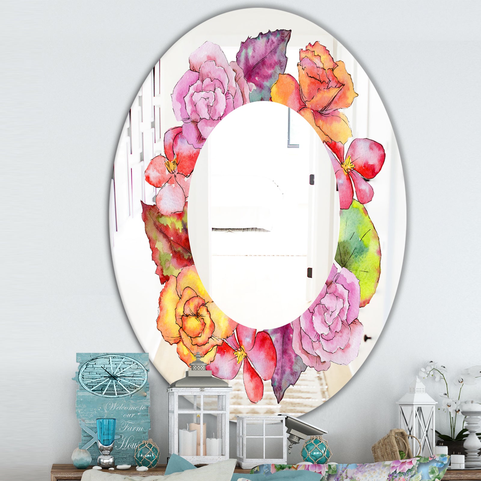 Wildflower In A Watercolor Style. - Farmhouse Mirror - Oval or Round Vanity Mirror