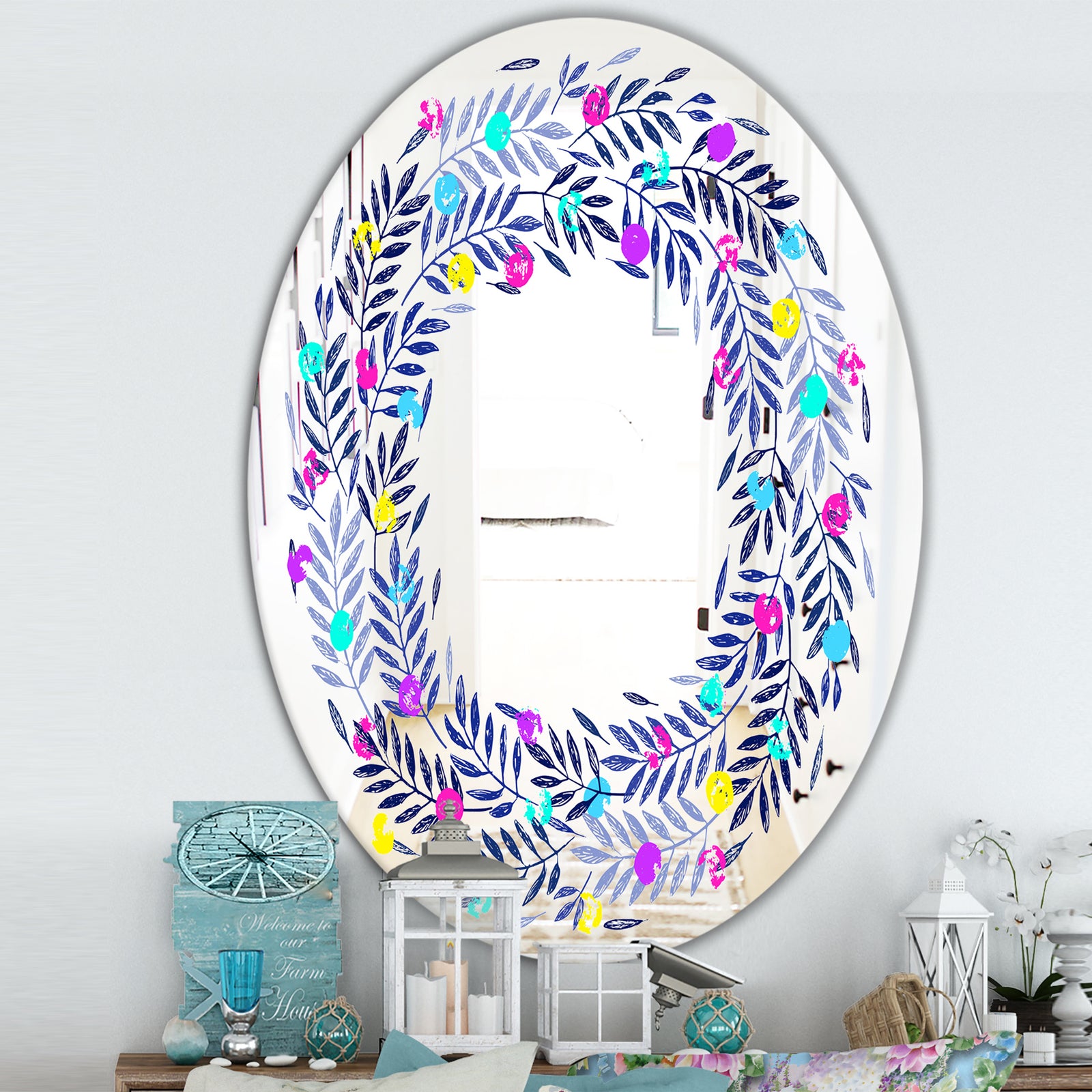 Colorful Leaves - Farmhouse Mirror - Oval or Round Vanity Mirror