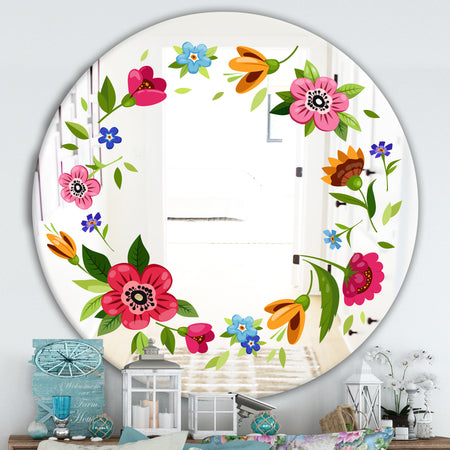 Cartoon Wreath With Flowers - Farmhouse Mirror - Oval or Round Decorative Mirror