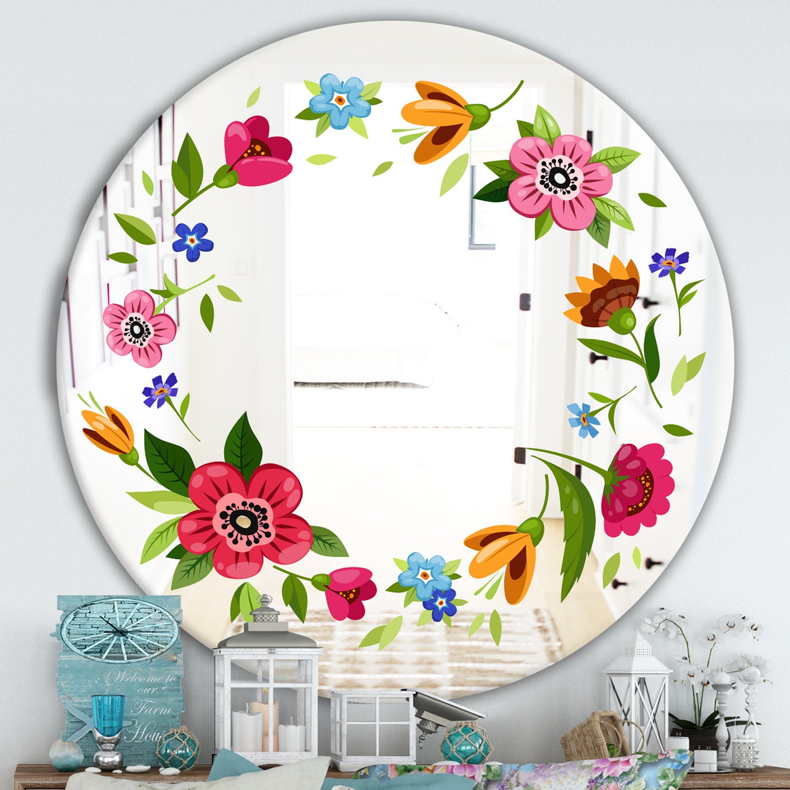 Cartoon Wreath With Flowers - Farmhouse Mirror - Oval or Round Decorative Mirror