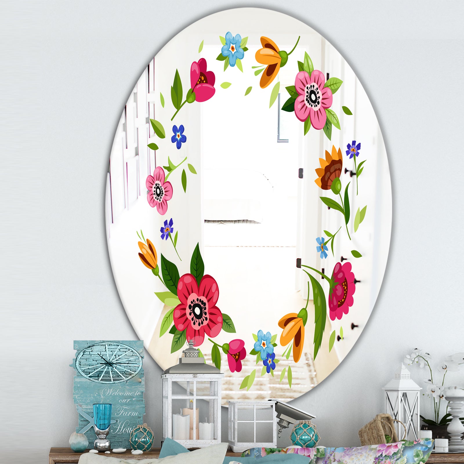 Cartoon Wreath With Flowers - Farmhouse Mirror - Oval or Round Decorative Mirror