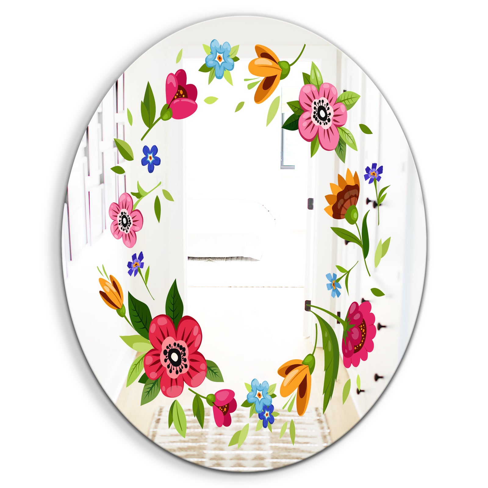 Cartoon Wreath With Flowers - Farmhouse Mirror - Oval or Round Decorative Mirror