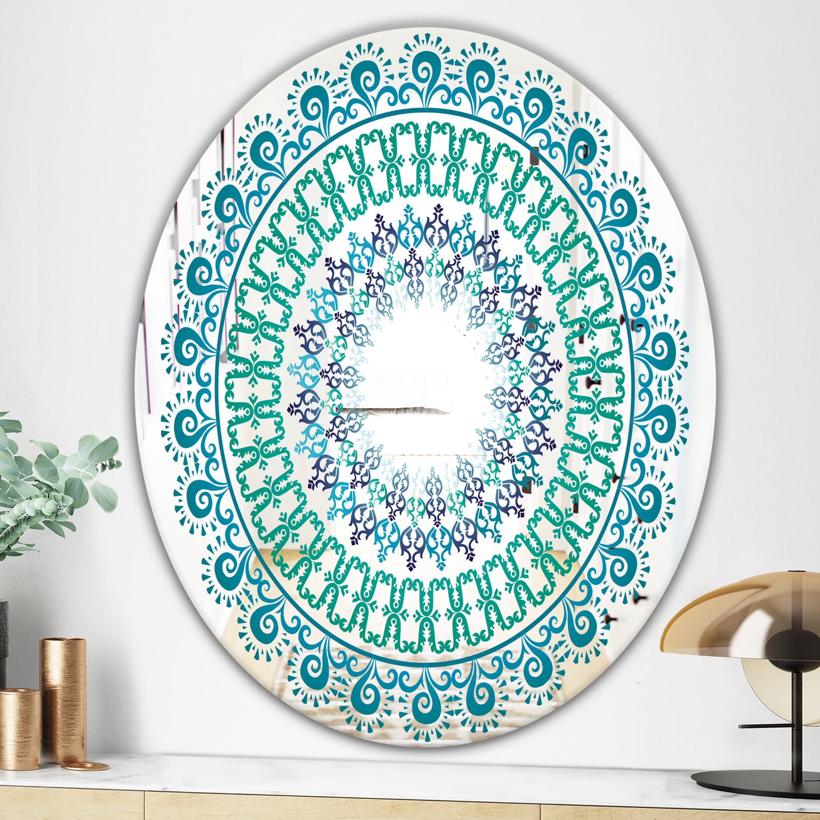 Blue Mandala - Bohemian and Eclectic Mirror - Oval or Round Wall Mirror