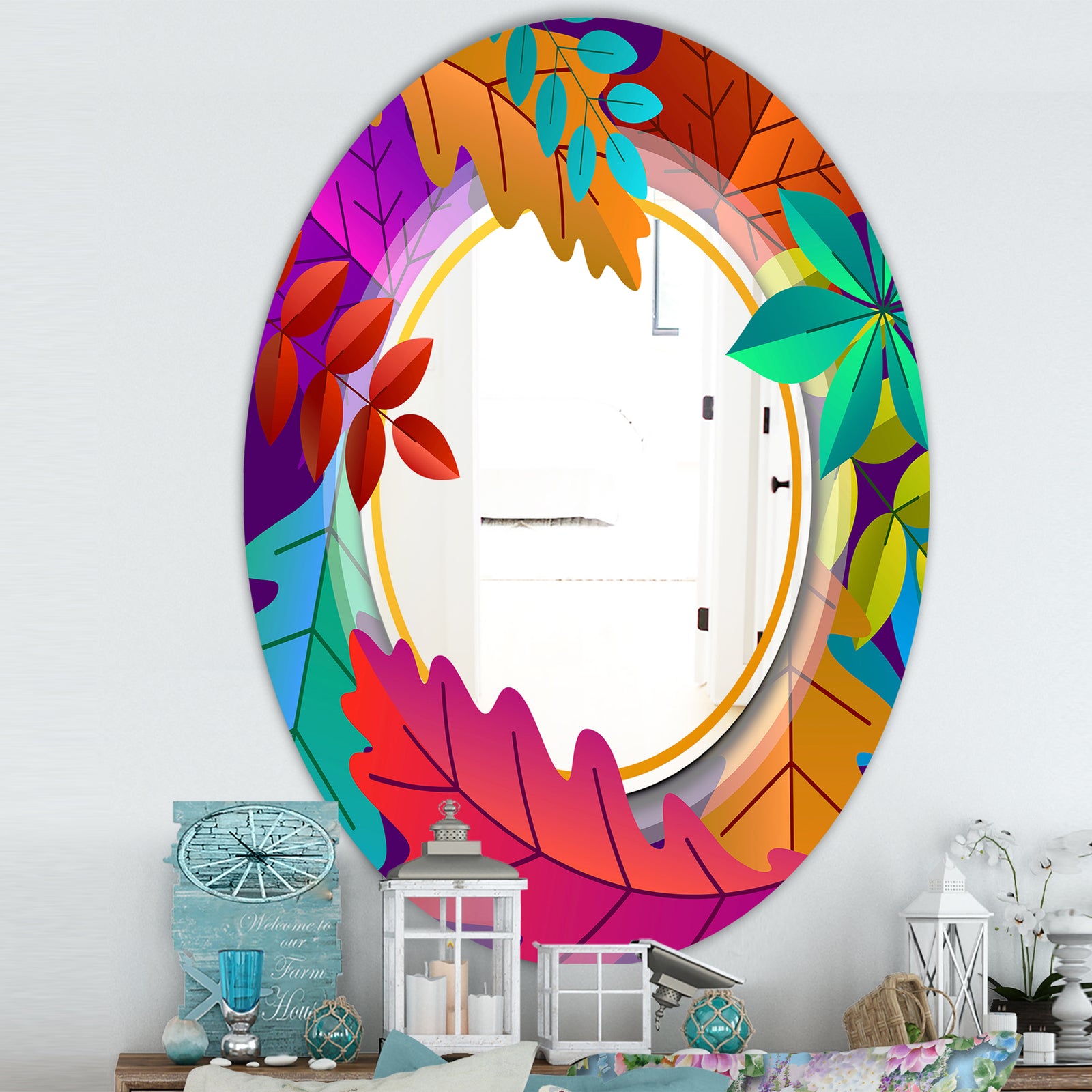 Autumn With Round and Leaves - Farmhouse Mirror - Oval or Round Wall Mirror