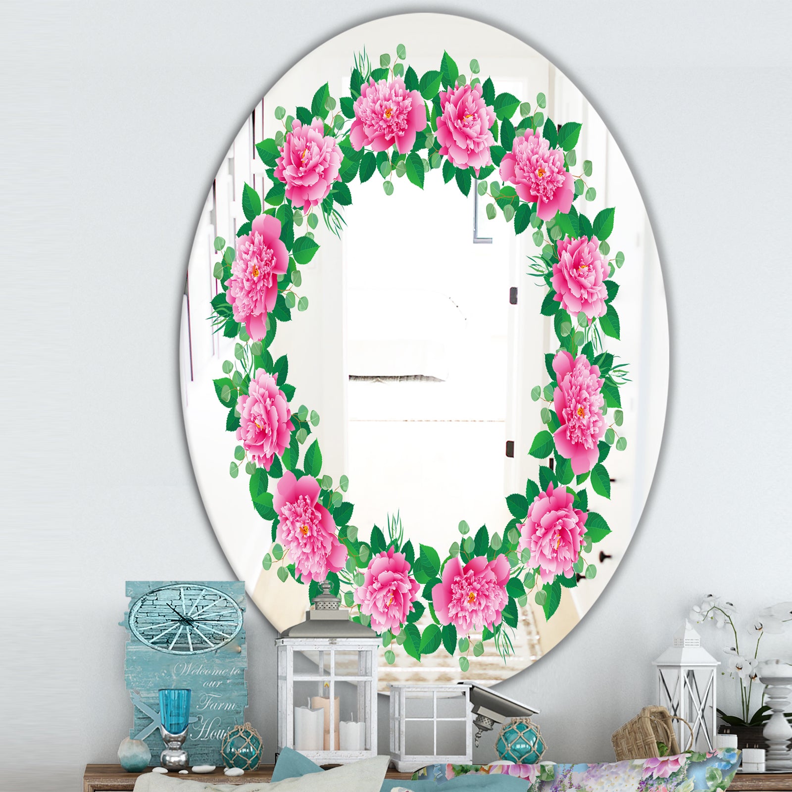 Romantic Floral Wreath - Cabin and Lodge Mirror - Oval or Round Wall Mirror