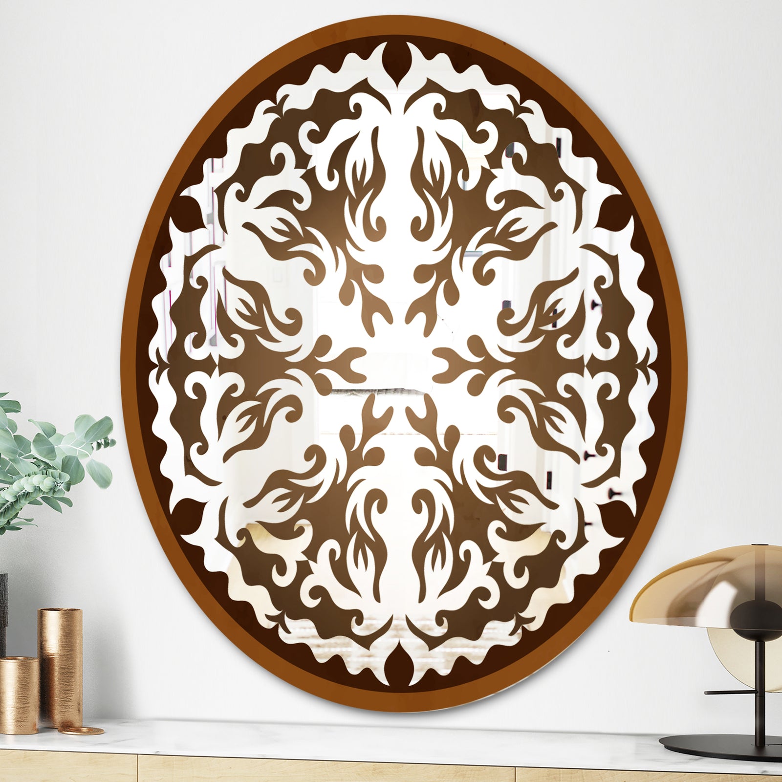 Brown Mandala - Bohemian and Eclectic Mirror - Oval or Round Wall Mirror