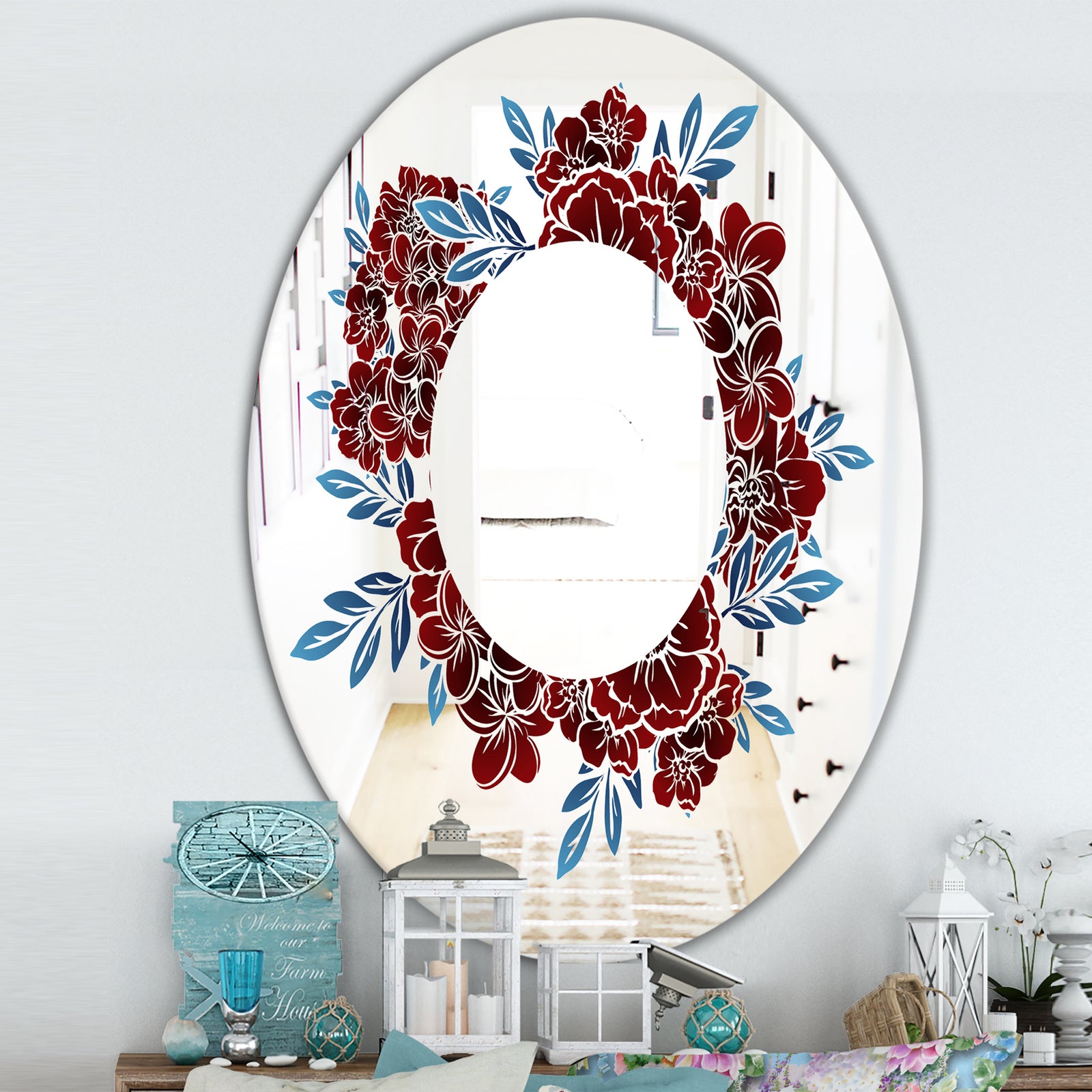 Monochrome Floral Elements - Traditional Mirror - Oval or Round Wall Mirror