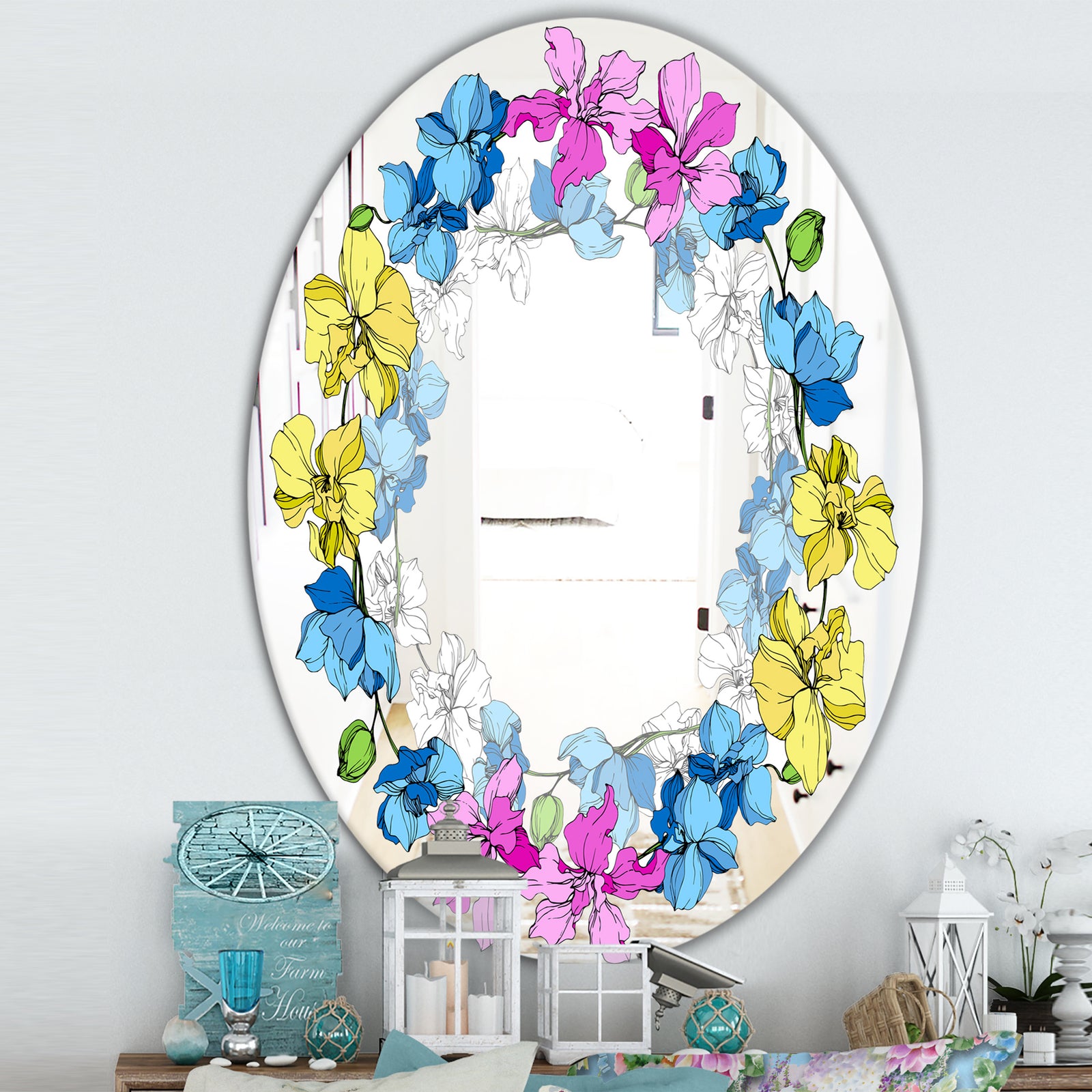 Yellow Blue and Pink Orchids - Cabin and Lodge Mirror - Oval or Round Wall Mirror
