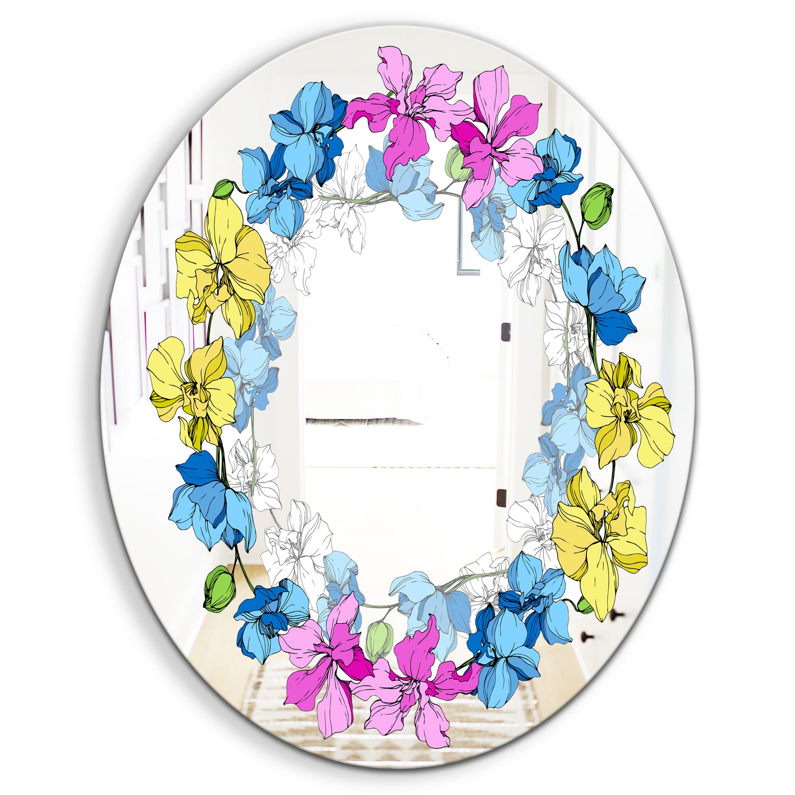 Yellow Blue and Pink Orchids - Cabin and Lodge Mirror - Oval or Round Wall Mirror