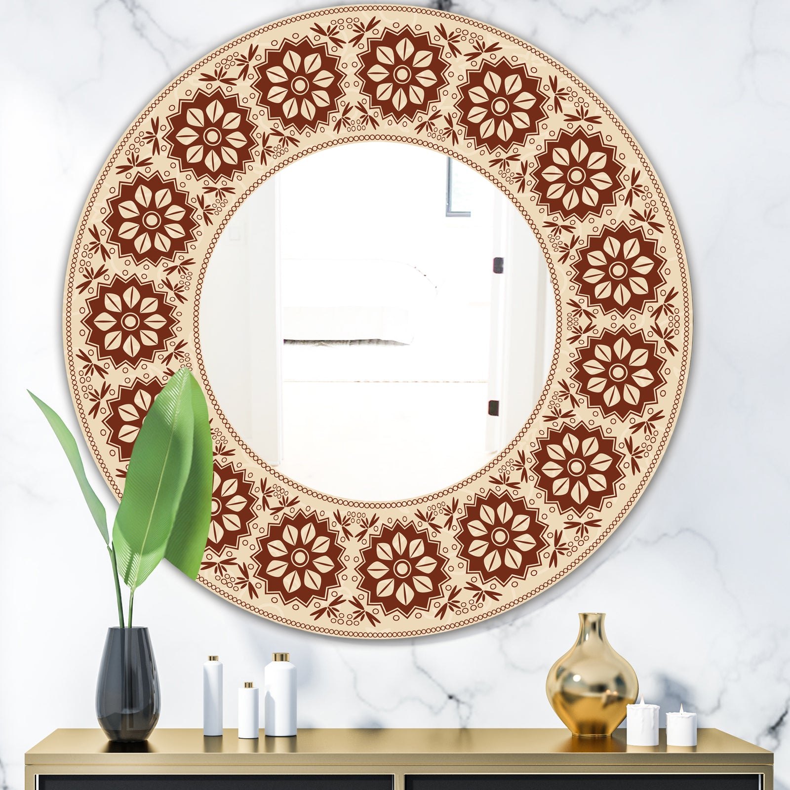 Brown Flower Garland - Bohemian and Eclectic Mirror - Oval or Round Wall Mirror