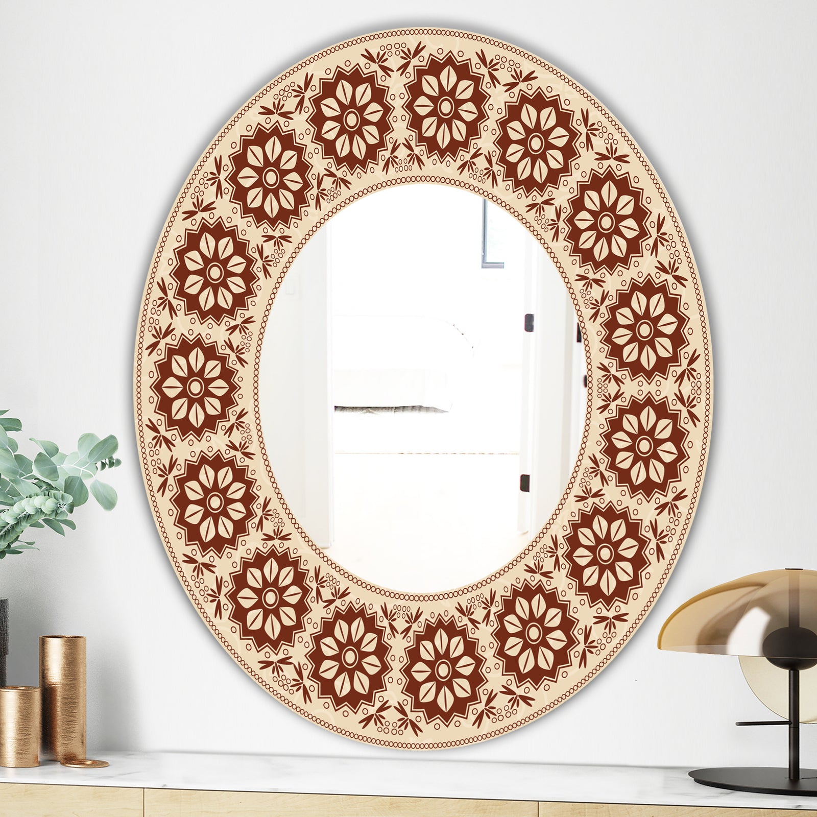 Brown Flower Garland - Bohemian and Eclectic Mirror - Oval or Round Wall Mirror
