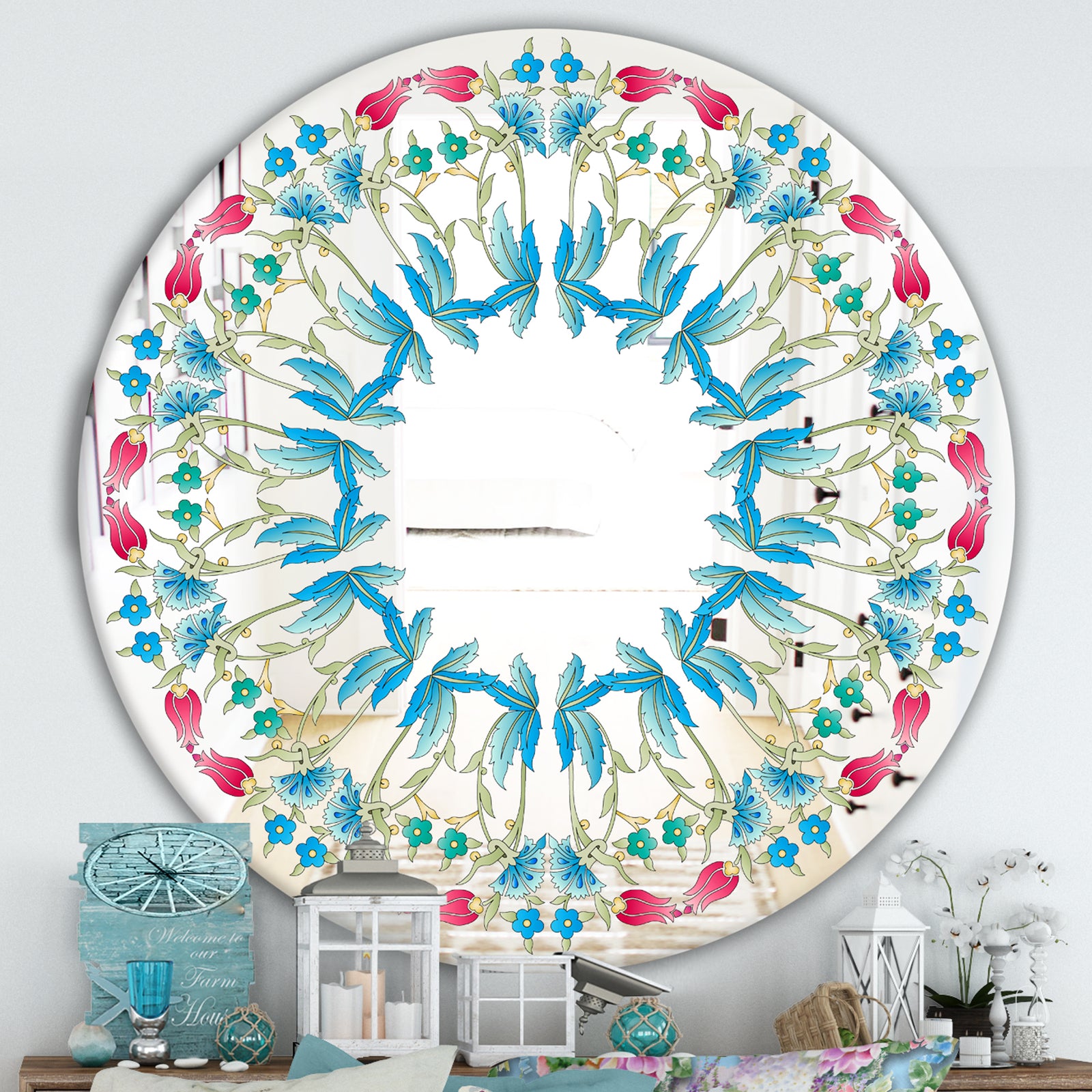 Ottoman Blue Flower Wreath - Farmhouse Mirror - Oval or Round Decorative Mirror