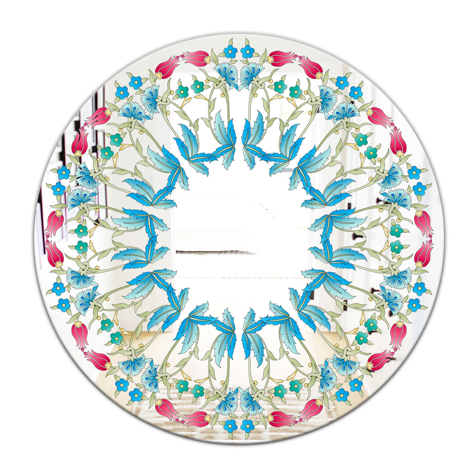 Ottoman Blue Flower Wreath - Farmhouse Mirror - Oval or Round Decorative Mirror