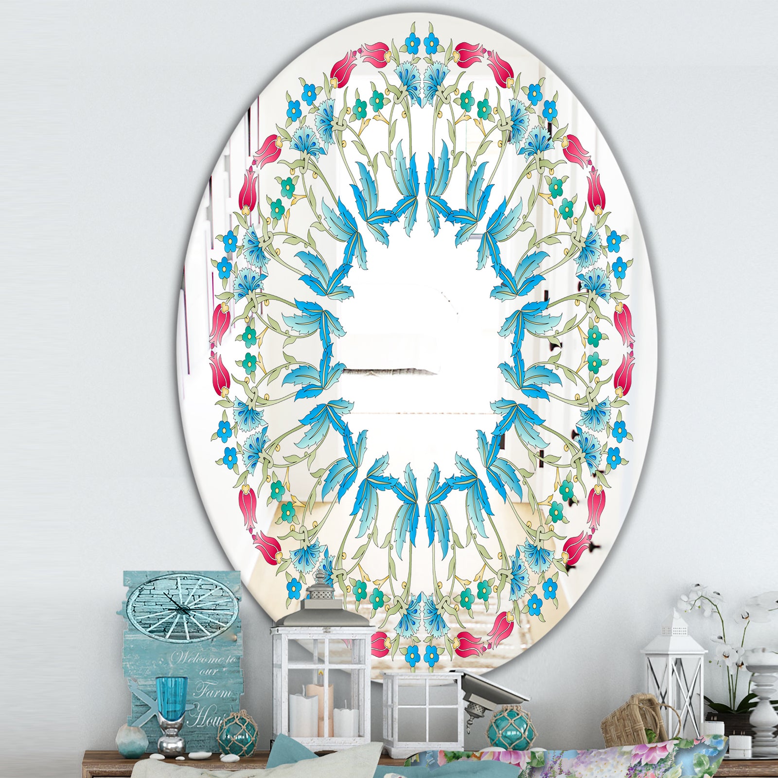 Ottoman Blue Flower Wreath - Farmhouse Mirror - Oval or Round Decorative Mirror