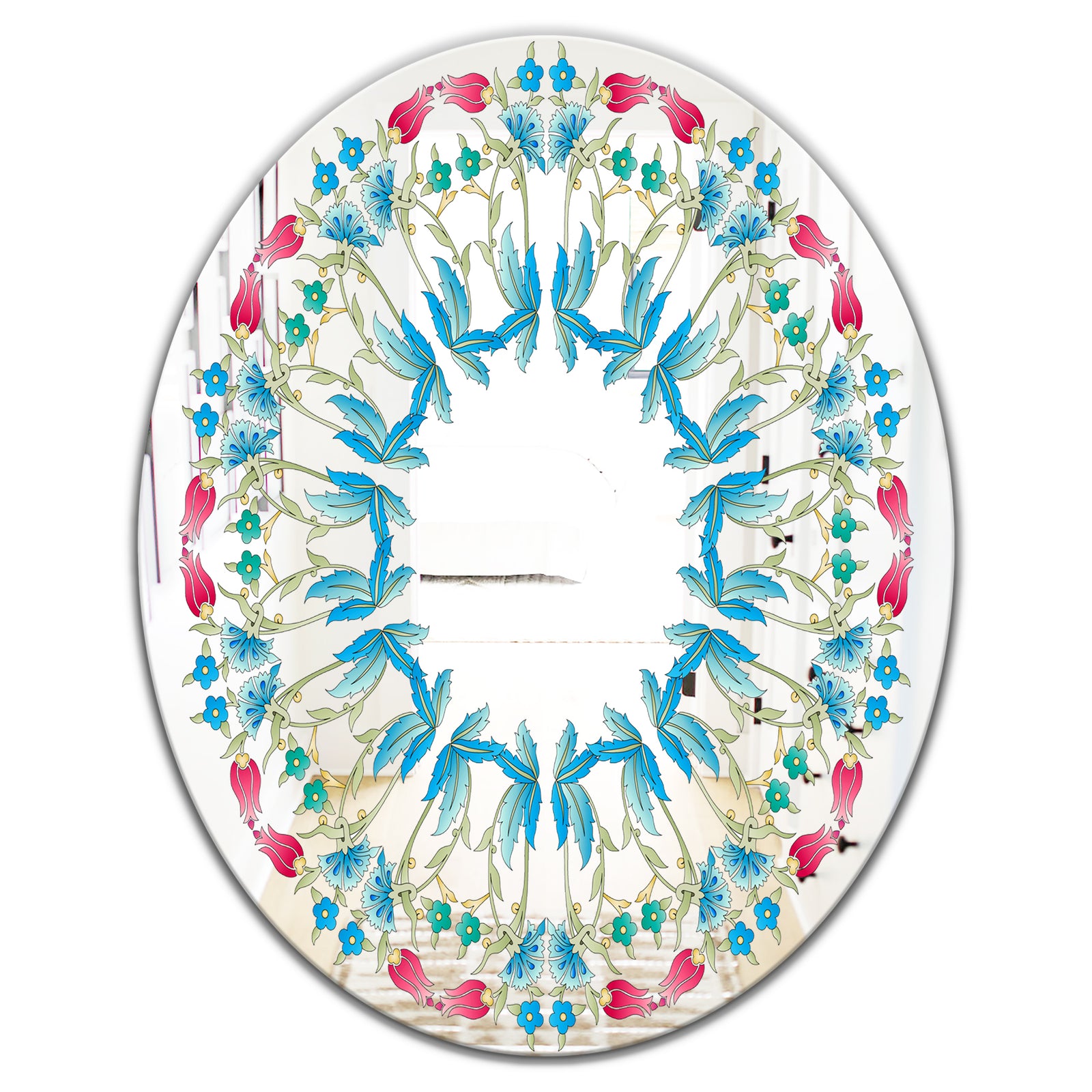 Ottoman Blue Flower Wreath - Farmhouse Mirror - Oval or Round Decorative Mirror