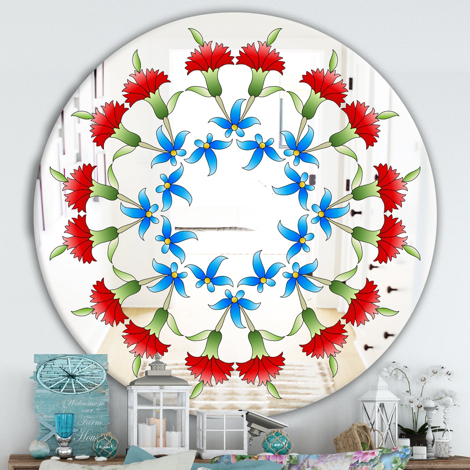 Ottoman Red Flower Garland - Farmhouse Mirror - Oval or Round Decorative Mirror