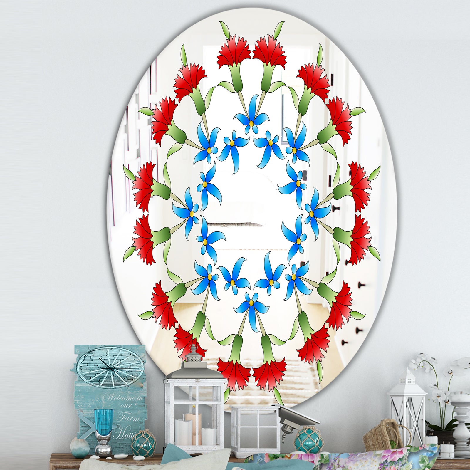 Ottoman Red Flower Garland - Farmhouse Mirror - Oval or Round Decorative Mirror