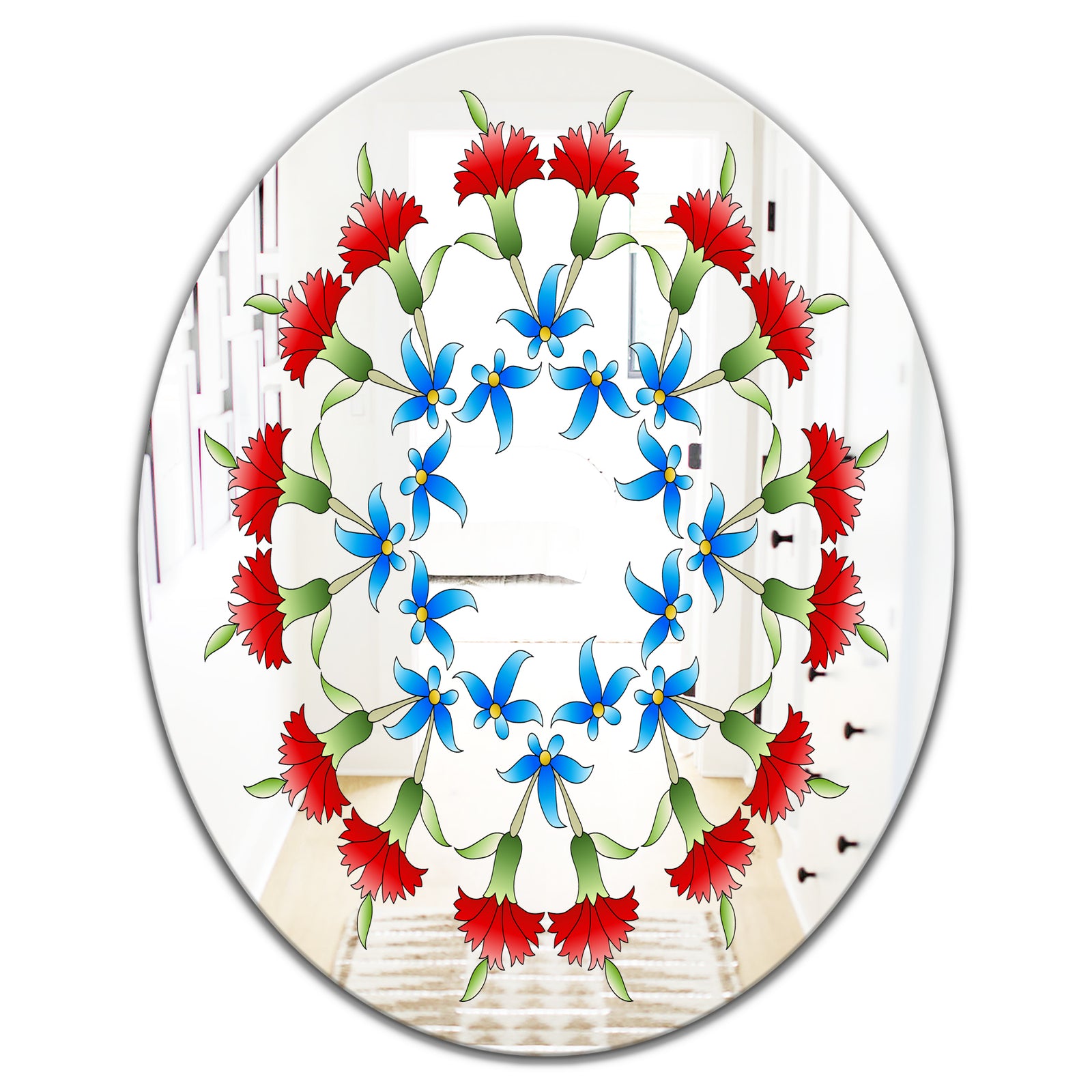 Ottoman Red Flower Garland - Farmhouse Mirror - Oval or Round Decorative Mirror