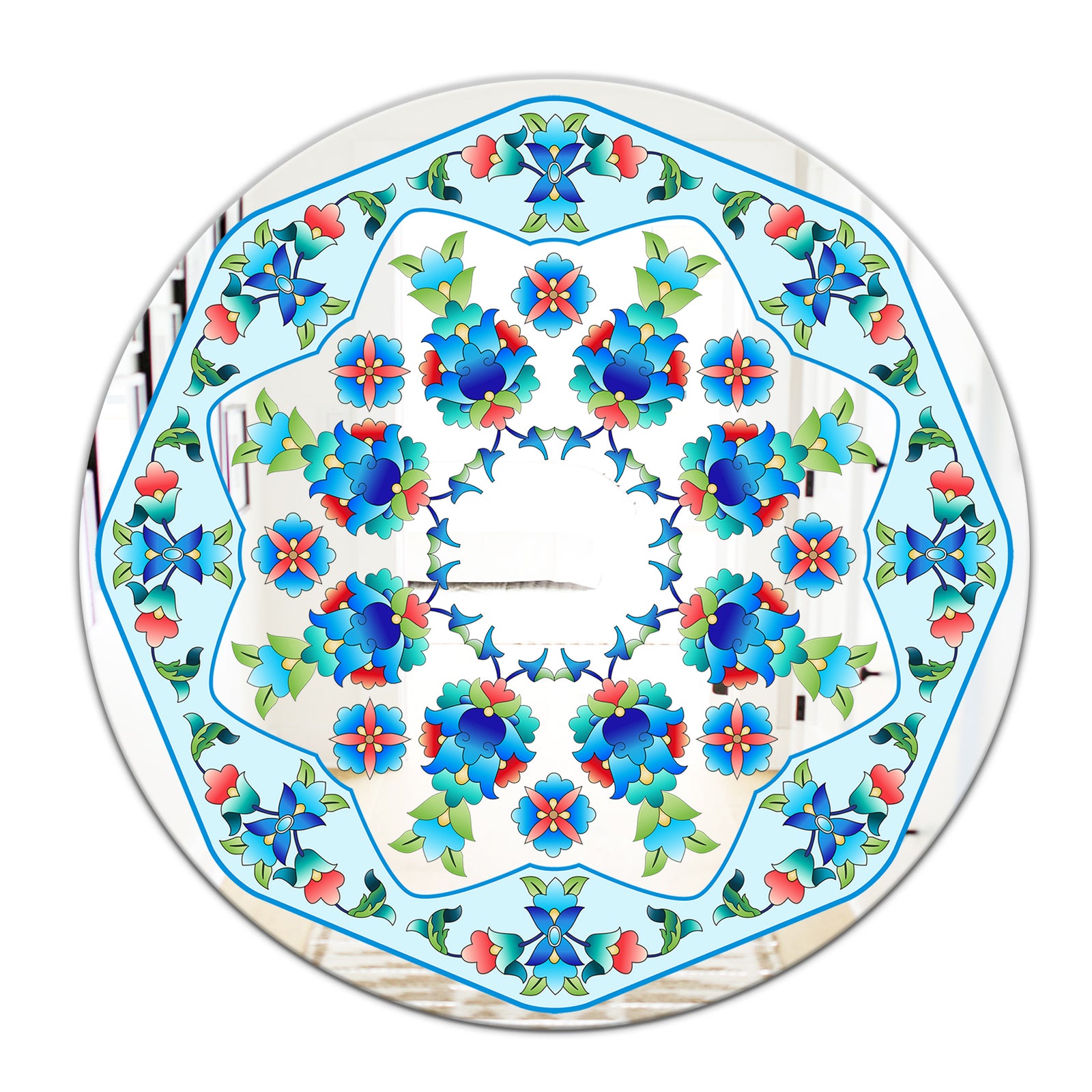 Ottoman Blue Flower Crown - Farmhouse Mirror - Oval or Round Decorative Mirror