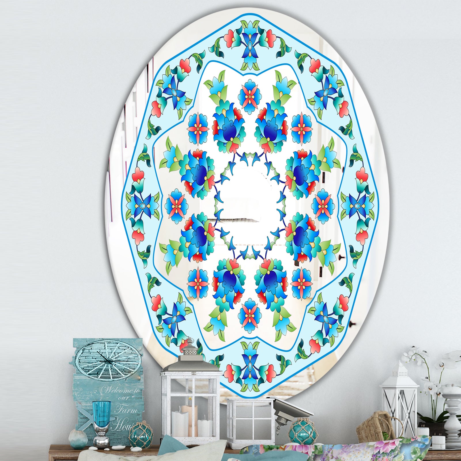 Ottoman Blue Flower Crown - Farmhouse Mirror - Oval or Round Decorative Mirror