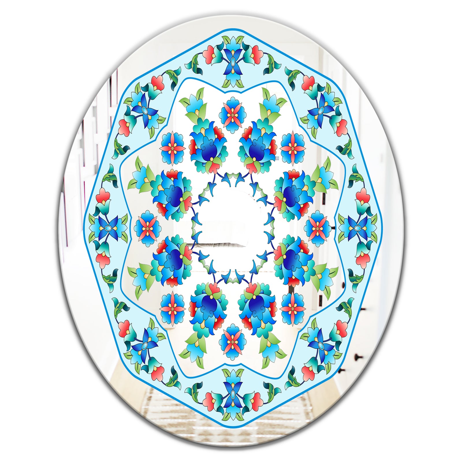Ottoman Blue Flower Crown - Farmhouse Mirror - Oval or Round Decorative Mirror