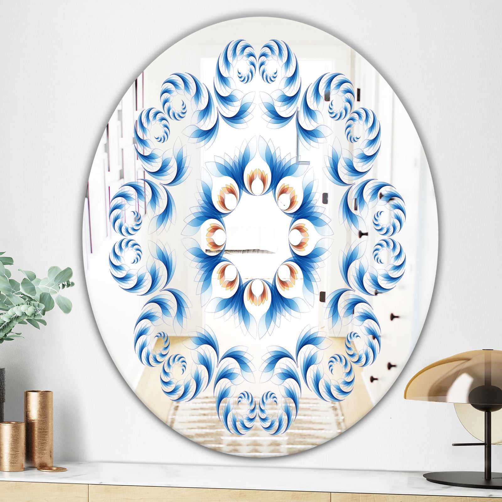 Blue Vision Flower Waves - Mid-Century Mirror - Oval or Round Wall Mirror