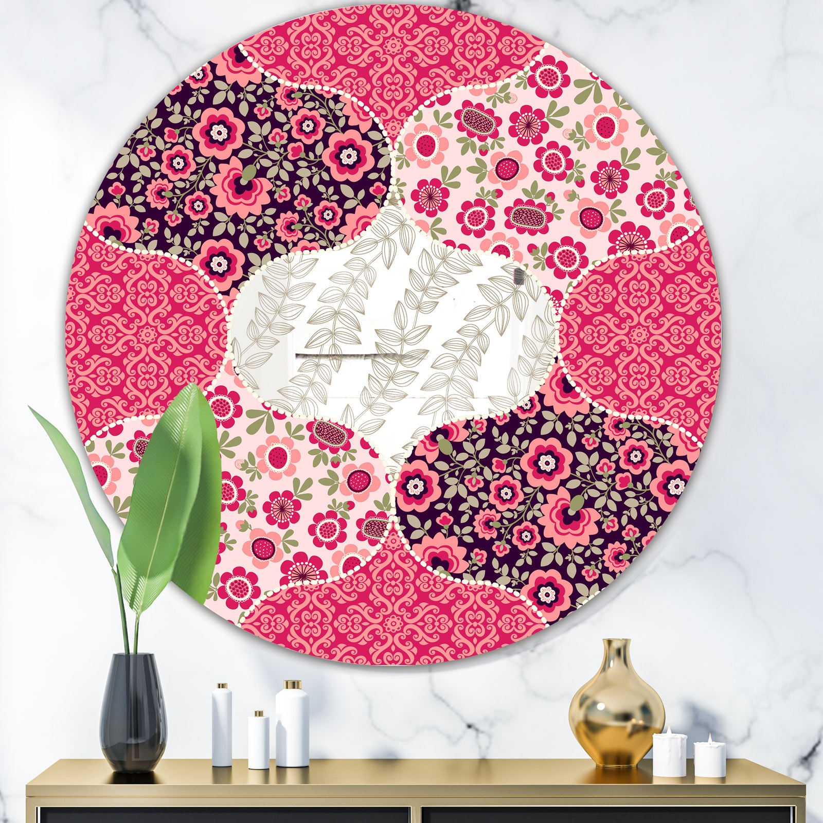 Pink Patchwork - Mid-Century Mirror - Oval or Round Wall Mirror