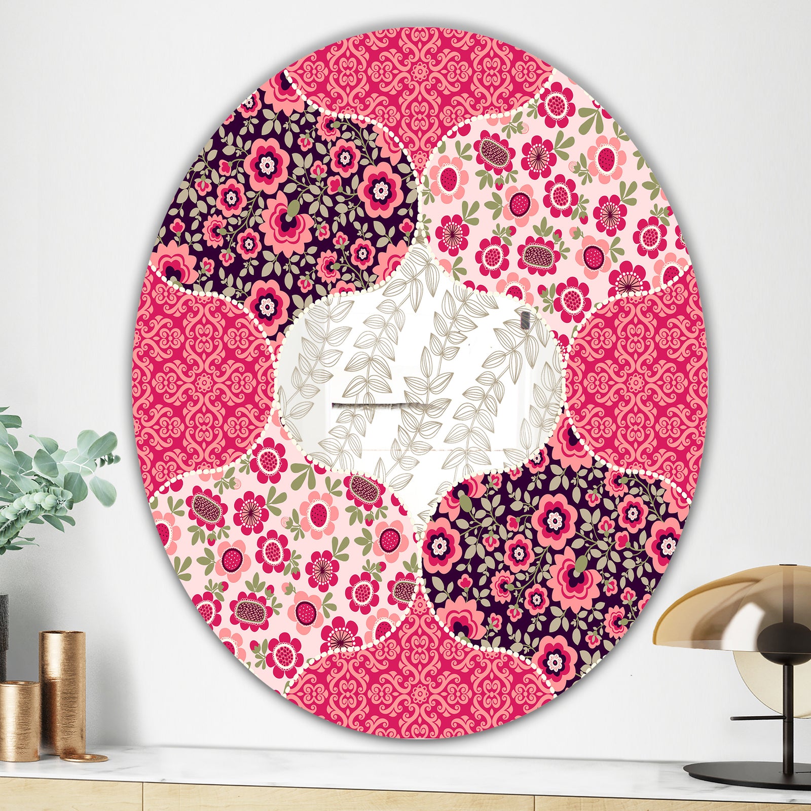 Pink Patchwork - Mid-Century Mirror - Oval or Round Wall Mirror