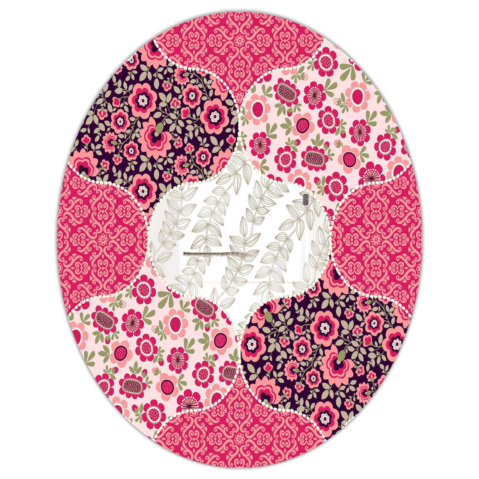 Pink Patchwork - Mid-Century Mirror - Oval or Round Wall Mirror